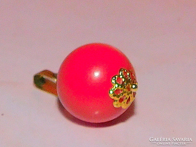 Coral red lacy ornate sphere gilded pendant