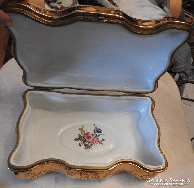 Sevres huge genre scene with hand-painted porcelain chest with gilded metal fittings