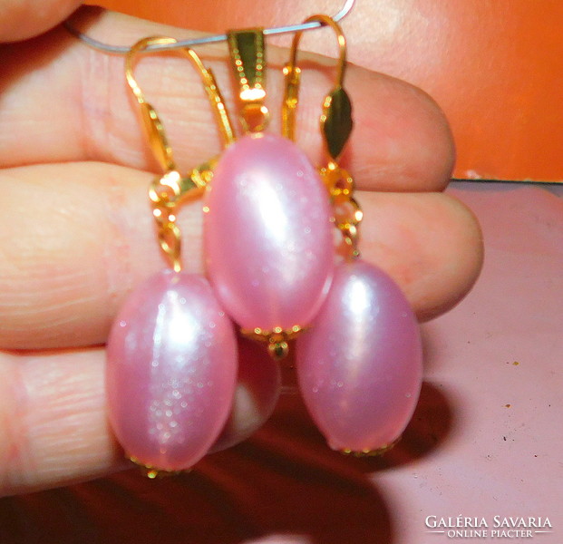 Set of pink lacy ornate pearls with gold gold filled earrings and pendants
