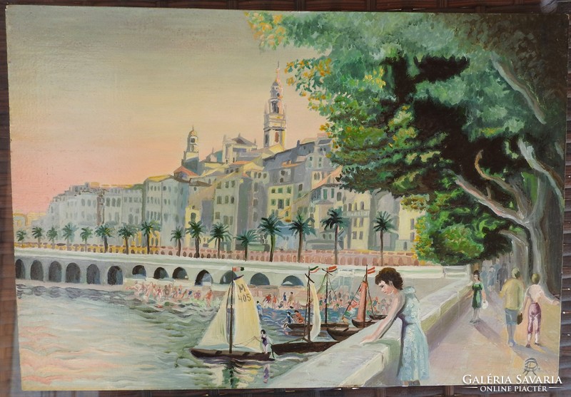 Nyár egy vízparti városban _ német kortárs festő festménye