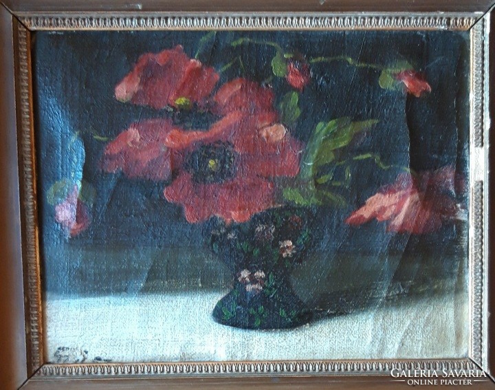 Old poppy still life - painting - oil, canvas