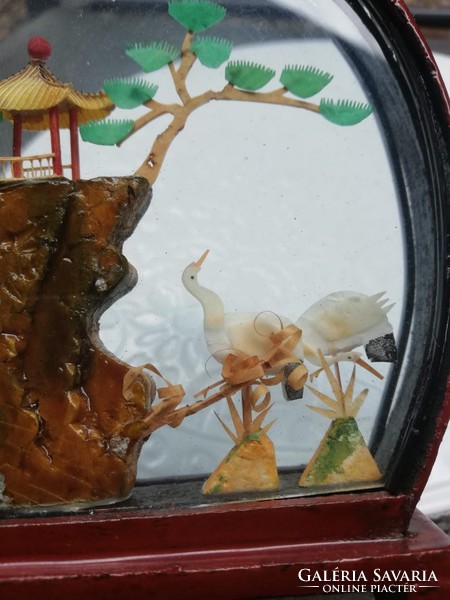 Keleti miniatűr tájkép -lakkozott fa -üveg mini vitrinben