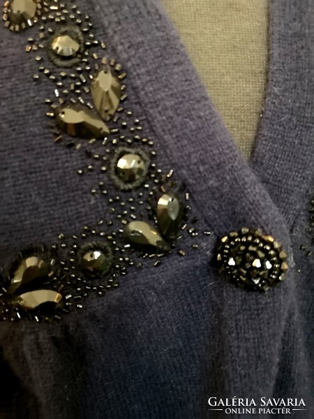 Next 14's 42's exclusive, 20% angora, 70% wool, hand-beaded dark blue, patent cardigan