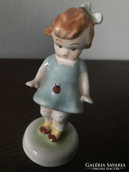 Bodrogkeresztúr ceramic girl in a blue dress with a ladybug sculpture figurine rib