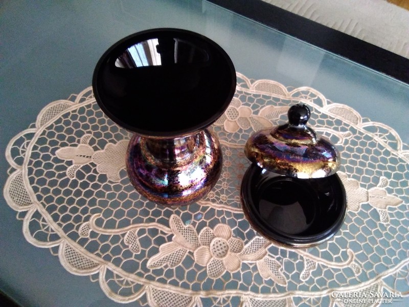Kunst-glas Zella-Mehlis szivárványos váza és bonbonier együtt, jelzéssel!