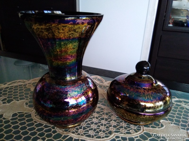 Kunst-glas zella-mehlis rainbow vase and bonbonier together, marked!