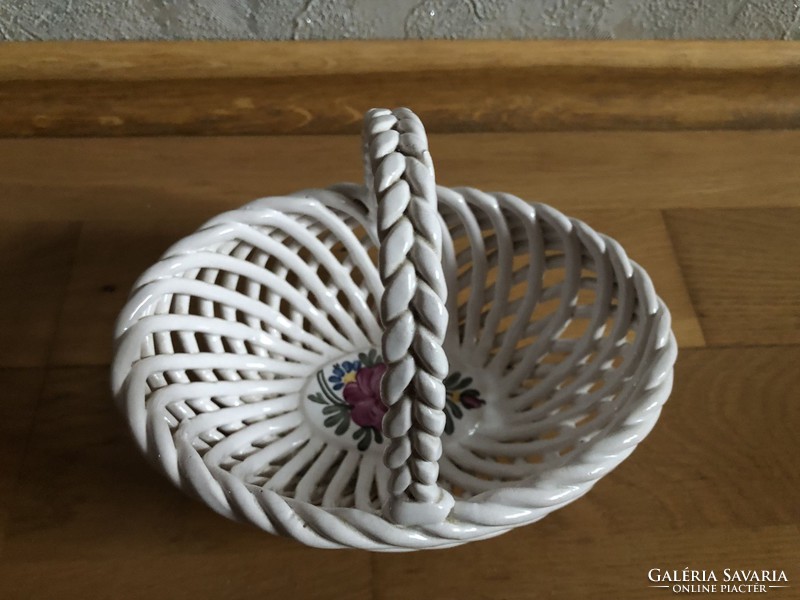 Hand-painted, signed floral patterned ceramic basket offering