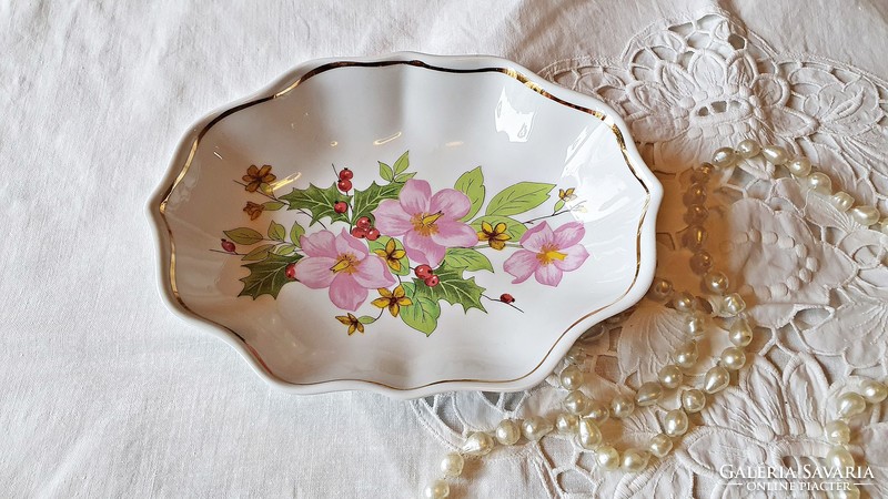 Raven's house, flawless, marked, pink-flowered, gilded porcelain oval serving bowl