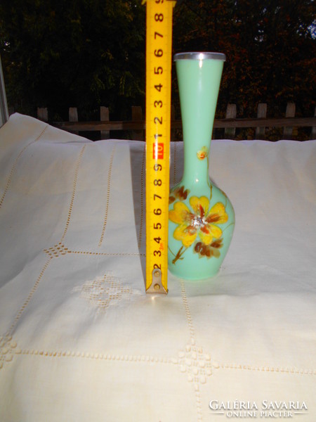 Antique chalcedony glass enamel painted vase with metal border