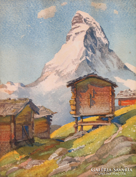 G nottistein: houses in front of the mountain peak (antique watercolor)