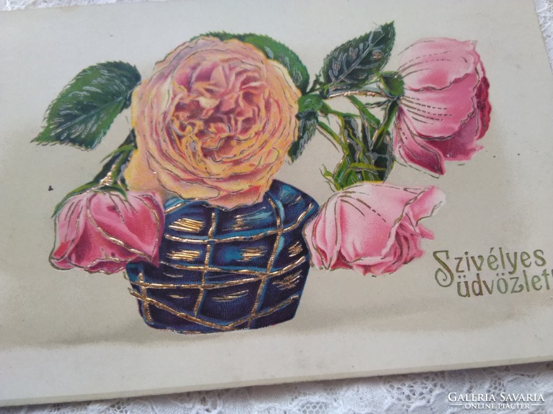 Antique gilded litho / lithographic postcard with pink and yellow roses 1916