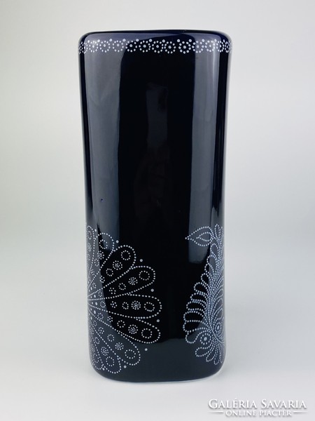 Hollóház porcelain vase - peacock pattern