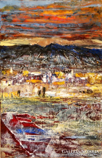 Kortárs művész: Folyóparti város, háttérben hegyekkel - festőkéssel készített olajfestmény
