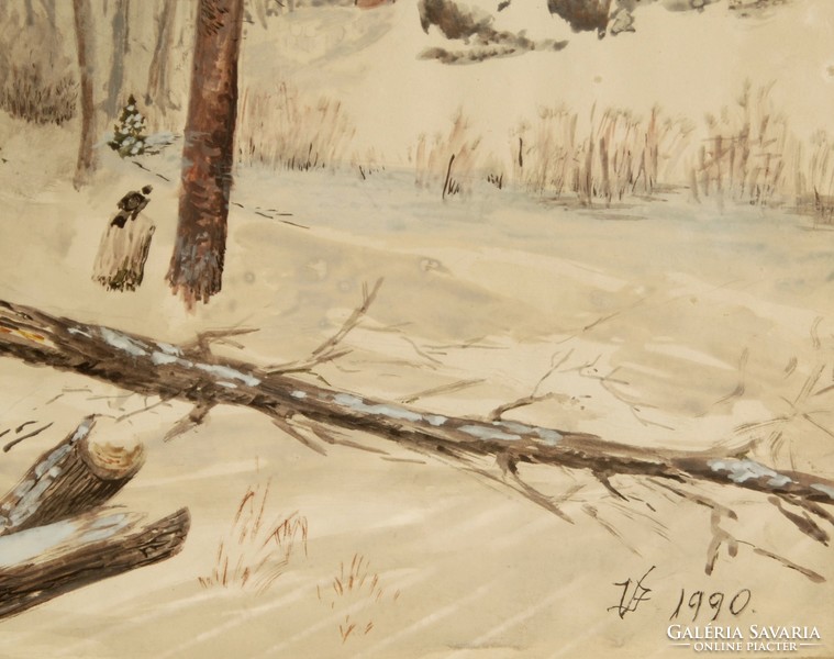 V. J.: Madarak a havas téli erdőben, 1990 - nagy méretű akvarell, keretezve