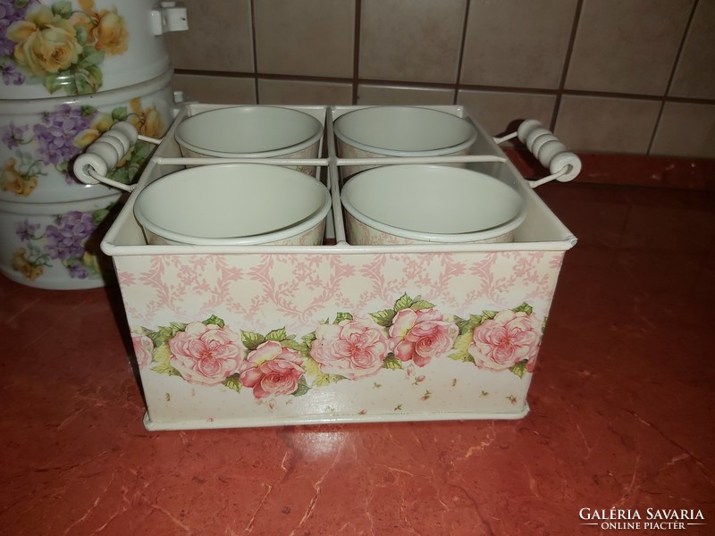 Vintage Two-Earred Rose Floral Metal Basket with 4 Pots Pots Flower Pots Fabulous Pieces of Hyacinth