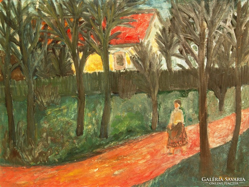 Monos József (1932-2013): Sárga ház piros tetővel - képcsarnoki festmény, keretezve