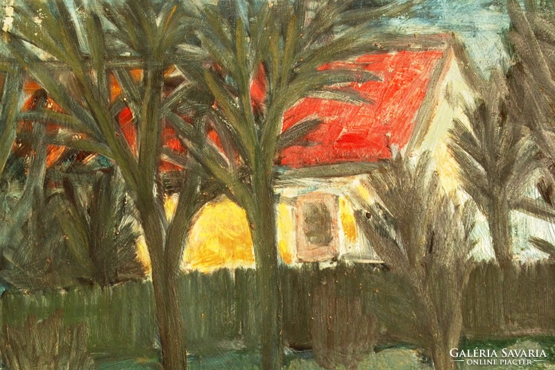Monos József (1932-2013): Sárga ház piros tetővel - képcsarnoki festmény, keretezve