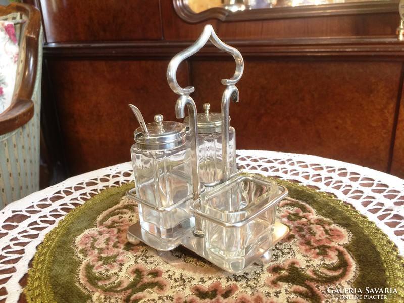 100 years old. Antique, crystal spice set, on silver-plated stand, spice cream, oily and notched holder