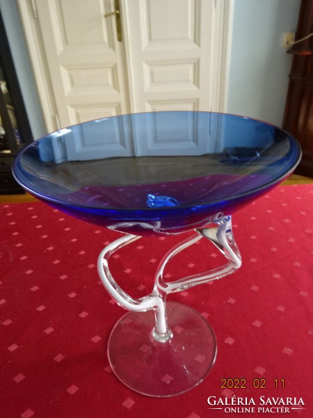 Glass centerpiece with twisted stem and cobalt blue top. He has!