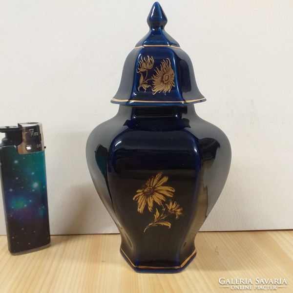 Hóllóháza cobalt blue gold 6-sided porcelain vase with lid.