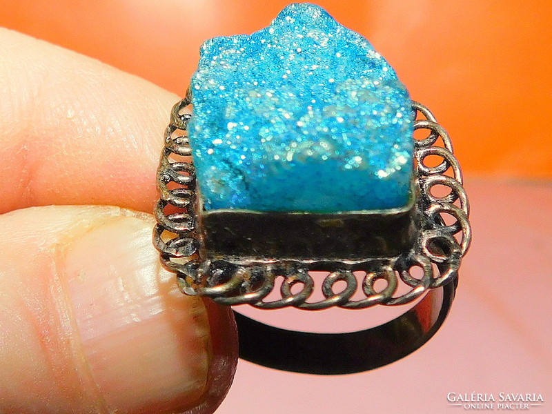 Turquoise and pyrite druzy crystal stone black ring number 9
