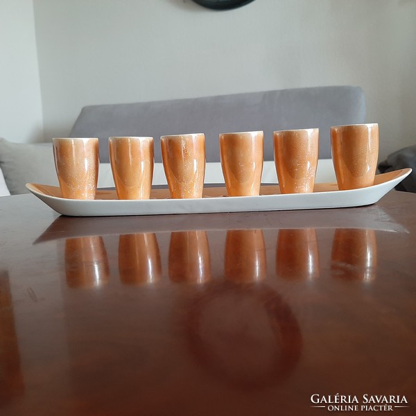 Gyönyörű narancsos-barackos fényes 6db FS porcelán pohár egy csónak formájú tálcán