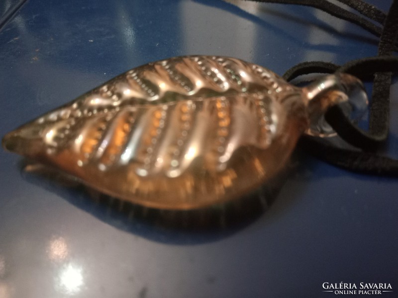 Fabulous 1980s custom made iridescent glass pendant on leather chain