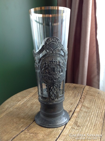 Antique Art Nouveau tin decorated glass cup, large size.