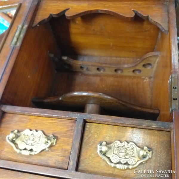 Old wooden, copper pipator showcase, box.