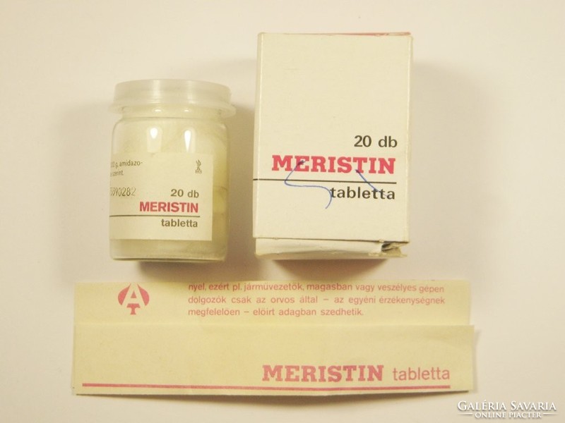 Retro meristine pill paper box with information and bottle - alkaloid pharmaceutical factory - from 1980s