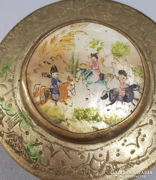 Régi Kínai szelence, púderes doboz, gyöngyházra kézzel festett díszítéssel