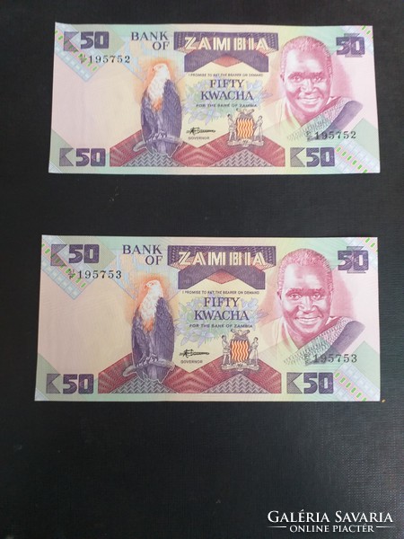 1986 50 kwacha zambia unc serial number pair