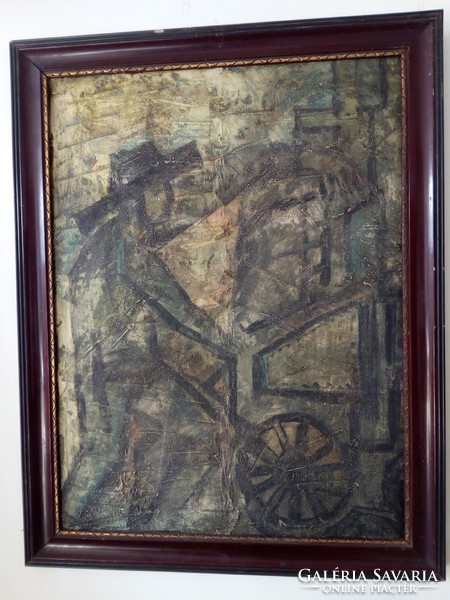 Man in a hat with a handcart, labeled painting, mixed media, 50x70 cm