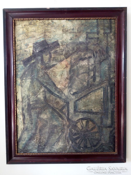Kalapos ember kézikocsival, jelzett festmény, vegyes technika, 50x70 cm
