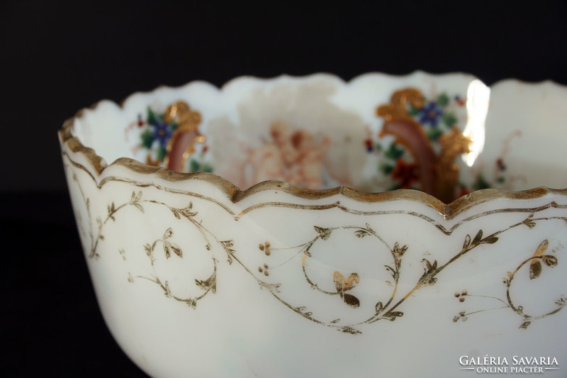 19.Szied Biedermeier Painted Gilded Angelic Chalcedony Glass Bowl Angelic Table Middle Serving Bieder