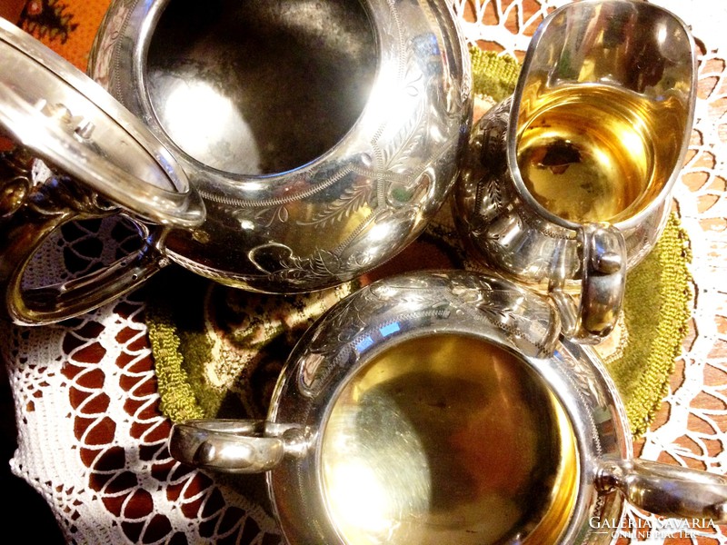 Ritka! Különleges, ezüstözött, alpakka, antik, 3 db-os, teás-kávés készlet, gravírozott díszítéssel