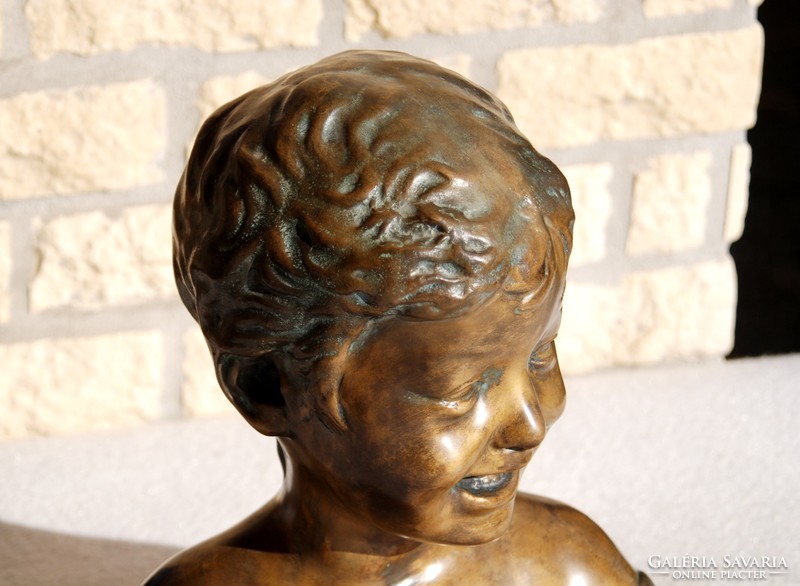 Adolf Huszár (1843-1885): the laughing little boy - antique bronze statue with polished red stone pedestal