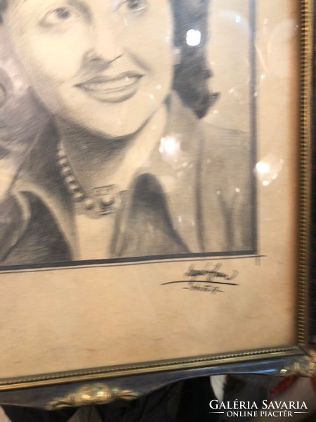 Pencil drawing, female portrait, 1949s, signed, excellent for home decoration.