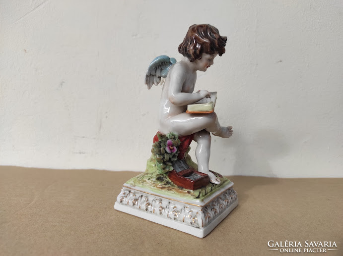 Antik sitzendorf porcelán ülő figura füzetbe író angyal hibátlan 5149