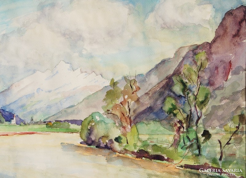 A. Lenhart: Folyó a hegyek között, 1941 - nagy méretű akvarell, keretezve