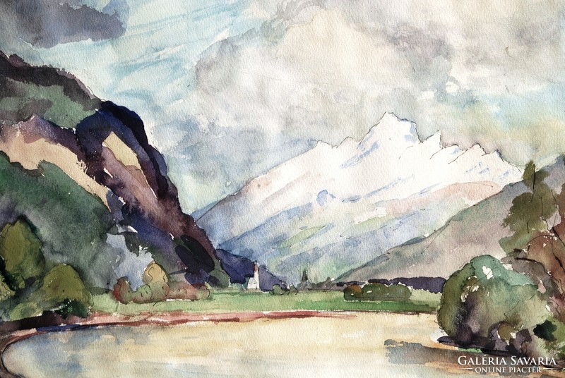 A. Lenhart: river in the mountains, 1941 - large watercolor, framed