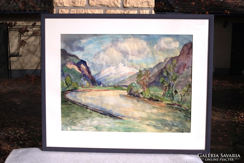 A. Lenhart: Folyó a hegyek között, 1941 - nagy méretű akvarell, keretezve