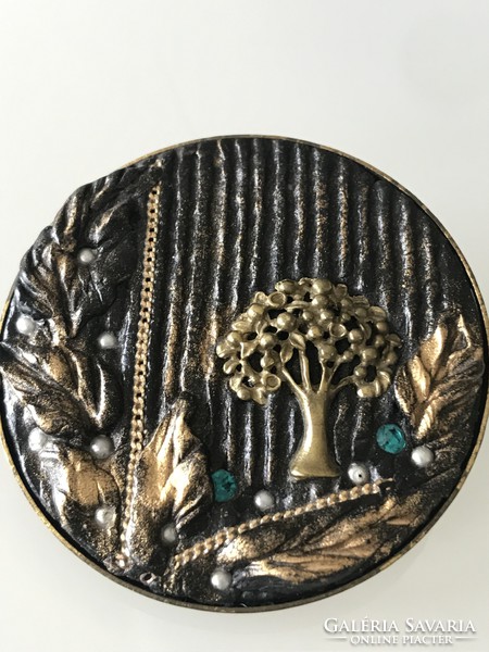 Handmade brooch with tree of life ornament, small beads and crystals, 5 cm in diameter