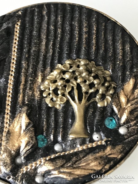 Handmade brooch with tree of life ornament, small beads and crystals, 5 cm in diameter