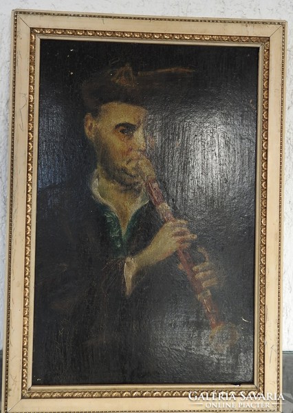 Antique oil painting: man playing the flute