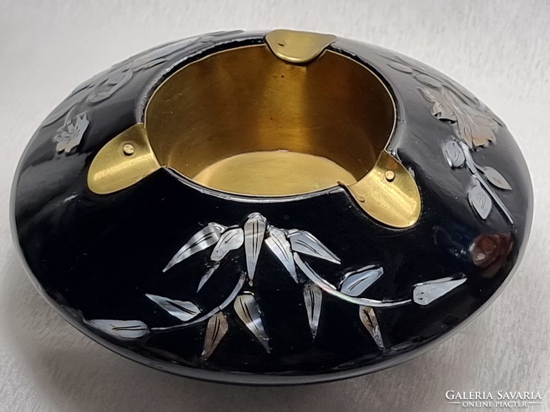 Glass ashtray with copper insert, shell / pearl decoration on the side, xx.S center without marking