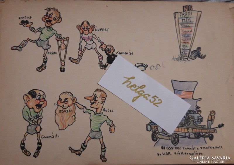 Futball - Karmazsin L. eredeti, színes, szignós focis karikatúrái 1948- ból és 1950- ből - 11 db