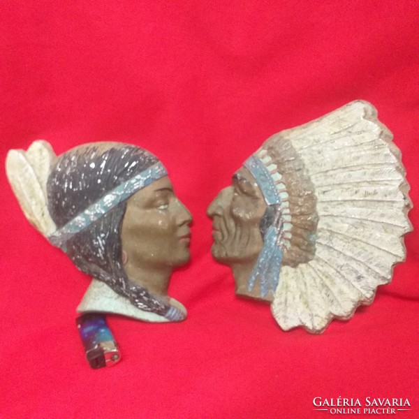Old cast aluminum painted Native American couple wall ornament.