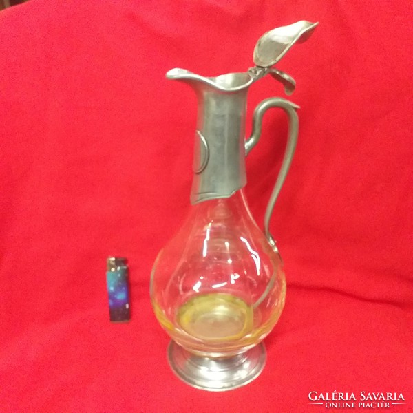 Art Nouveau glass tin decanter pouring jug. Indicated.