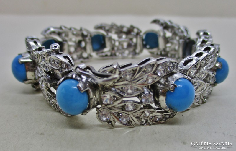 Beautiful old silver bracelet with turquoise porcelain stones and white tiny zirconia